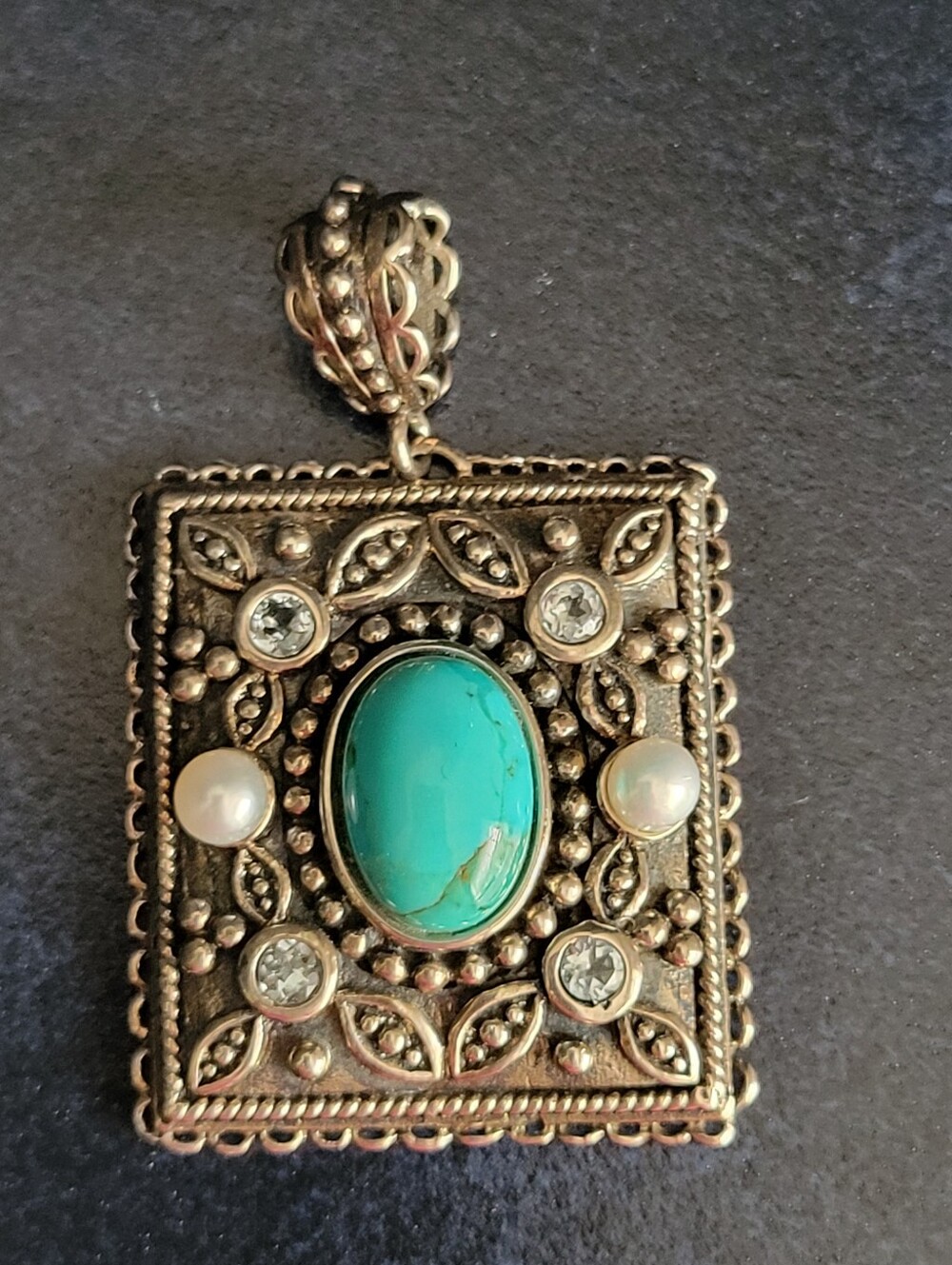 Southwestern 925 Sterling Silver Faux Turquoise Pearl Ornate Filigree Pendant